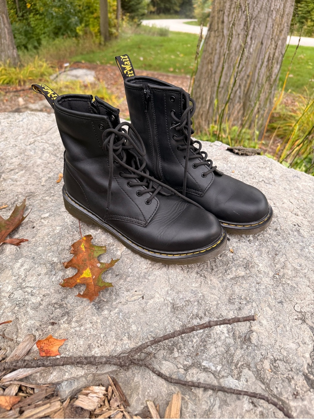 Dr. Martens Black Leather Lace-Up Combat Boots with Yellow Stitching